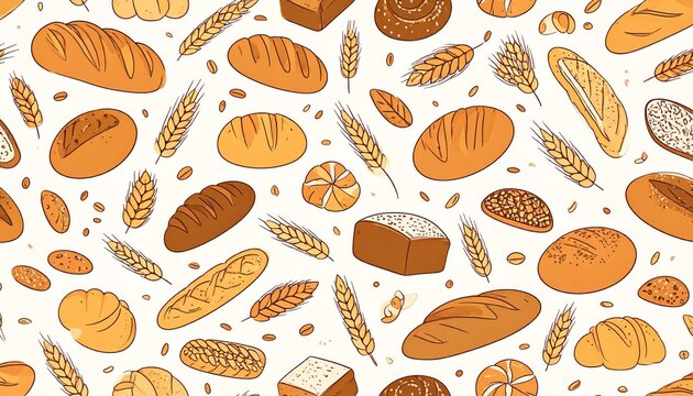 Seamless Vector Pattern with Bread, Bakery Pastries, Croissants, Baguettes, Buns, Cookies and Sweet Baked Goods on a White Background