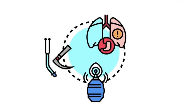 Airway ventilation concept respiratory organs and essential medical instruments like a ventilator bag, stethoscope, and laryngoscope for emergency or critical care