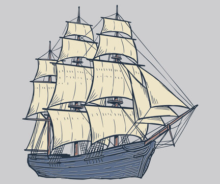 Hand drawn vintage tall ship sailing vessel illustration in classic maritime style