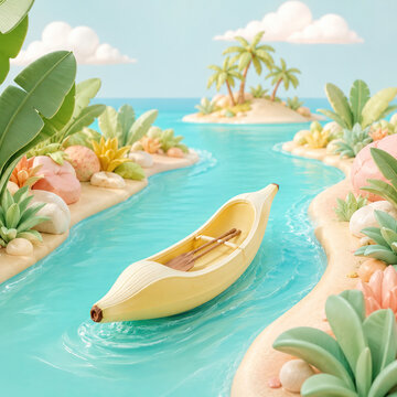 Dreamy pastel 3D illustration of a banana transformed into a small canoe with wooden paddles, floating through turquoise water between lush miniature tropical islands. Whimsical travel and summer vaca