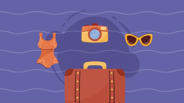 Travel accessories including vintage suitcase, swimsuit, camera, and sunglasses floating on vibrant purple ocean waves, vector vacation illustration concept.