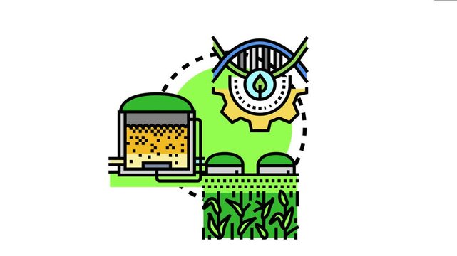 Algae bioreactor biomass concept sustainable energy and ecological fuel processing, showing a dna helix, gear, leaf, cultivation tank, and crops for renewable resource development
