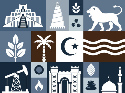Minimalist Mesopotamian and Iraqi Cultural Symbols Flat Design Collage