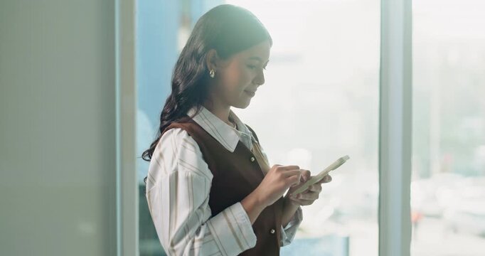 Smile, woman and lawyer in office with phone, research and online evidence for court case. Attorney, scroll and typing at law firm with mobile app, witness statement and legal records for proceedings