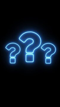 Glowing neon question marks animation on black background, concept of uncertainty and faq blue sign