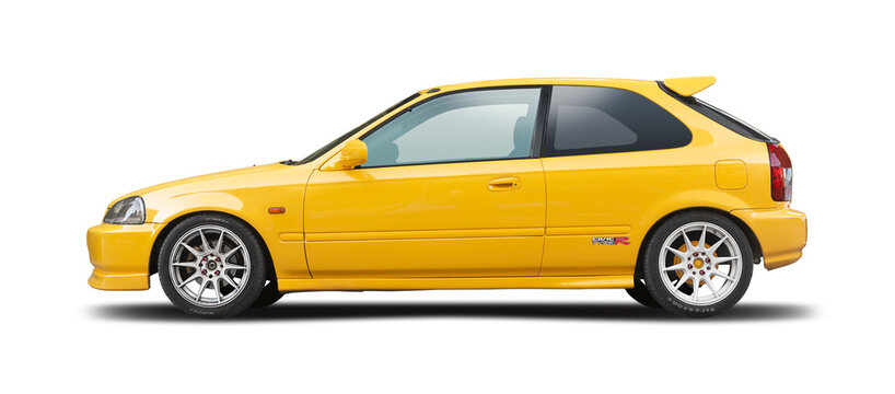 Yellow classic Japanese hot hatch sports car Honda Civic Type R side view isolated on transparent background