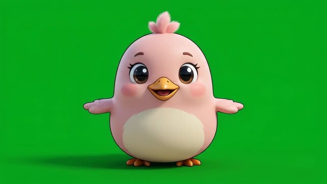 Adorable Pink Cartoon Chick Standing with Open Arms on Green Screen Background, Cheerful Character Animation for Children's Content and Marketing