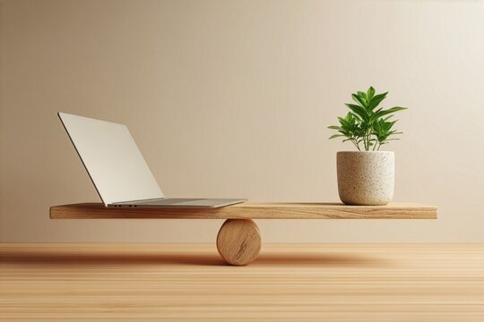 Laptop and houseplant balanced on seesaw concept for work life balance