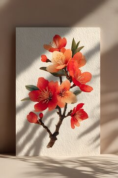 Premium fine art poster of autumn cherry blossoms, layered coral, apricot, burnt orange and gold petals, delicate botanical branches.