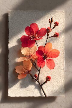 Premium fine art poster of autumn cherry blossoms, layered coral, apricot, burnt orange and gold petals, delicate botanical branches.