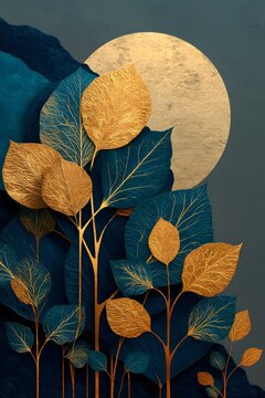 Luxury moonlit botanical wall art, elegant botanical branches with delicate leaves, metallic gold foil veins, deep navy blue background.