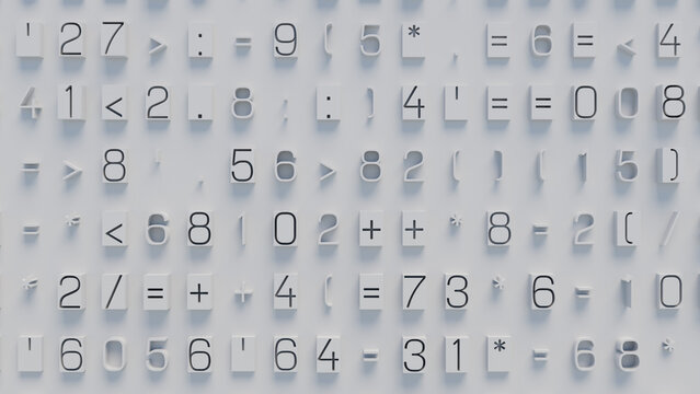 Close-Up of Textured Black and White 3D Mathematical Symbols and Numbers on Light Gray Background, Realistic Digital Art Highlighting Depth and Surface Detail for Educational and Design Use