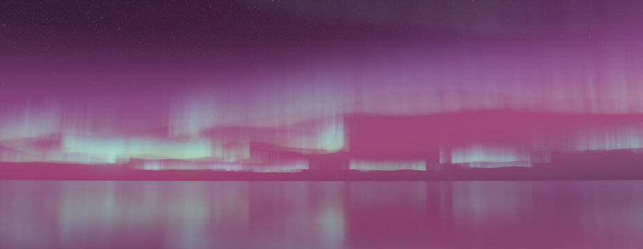 Aurora Lights reflected in Water. Magenta Northern Lights Wallpaper with copy-space.