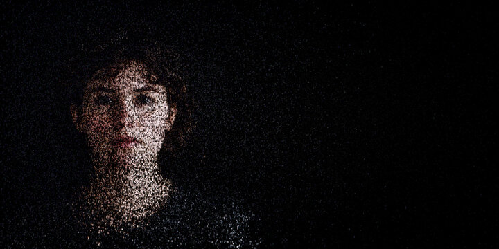Digital ID Portrait of Woman with Face made up of Data. Biometrics Concept with copy-space.