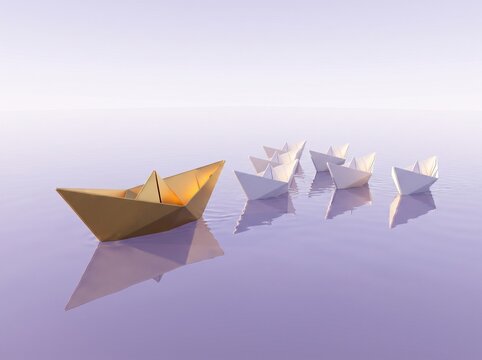 A golden paper boat leads a fleet of white paper boats across a calm, reflective purple water surface, symbolizing leadership and uniqueness.