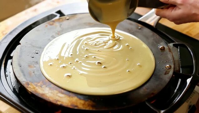 smooth dosa batter being poured onto a hot round griddle and spreading into a thin circular dosa