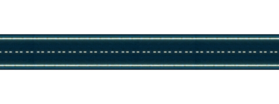 3d rendering straight asphalt road with dashed lines on transparent background