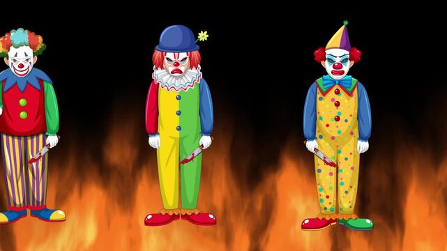 Creepy Evil Clowns Holding Knives Standing Before Intense Burning Fire