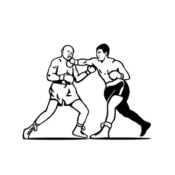 black and white vintage drawing illustration style of 2 boxer fighting 