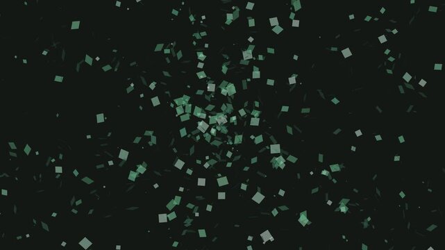 Teal square confetti falling against a black background
