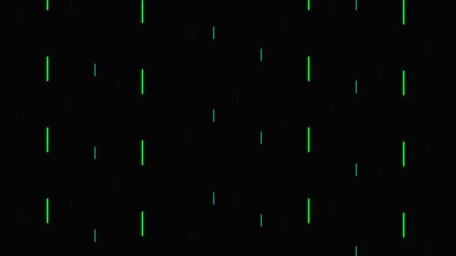 Abstract digital rain animation 4k background, with neon green, and blue vertical, lines falling motion