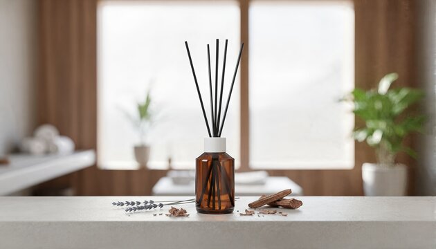 Amber glass reed diffuser with lavender and cedarwood on a minimalist stone shelf