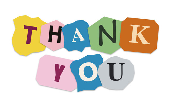 Thank you cutout letter ransom note style on white background with typography colorful greeting