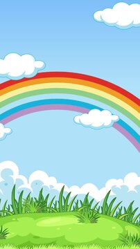 Animated Volleyball Bouncing on Green Grass Under a Rainbow Sky