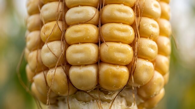 A macro shot of a yellow corn cob showing the detailed texture of the kernels and the fine silk threads attached
