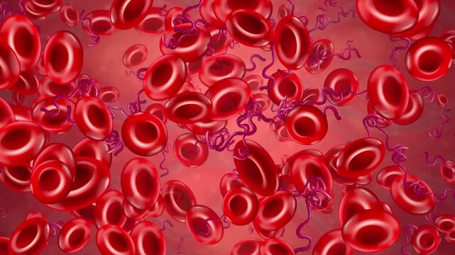 Microscopic Red Blood Cells and Spiral Bacteria Drifting in Bloodstream