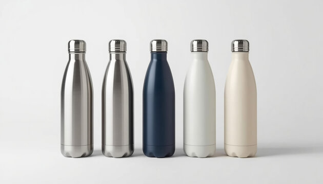 Set of five reusable stainless steel water bottles on a clean white background