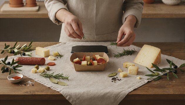 Artisanal chorizo and gouda tapas with fresh raw ingredients