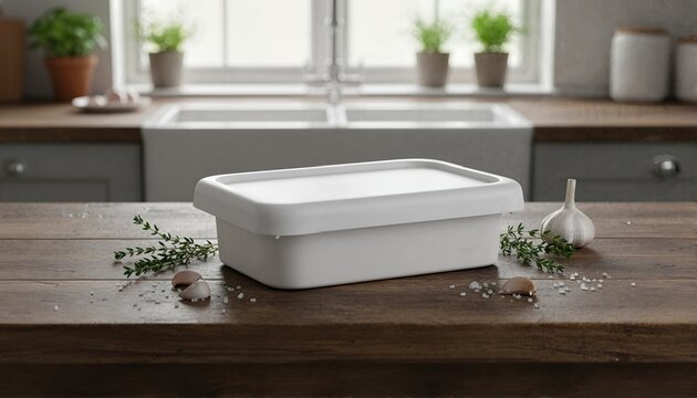 Artisanal herb butter in a white plastic container on a rustic kitchen counter