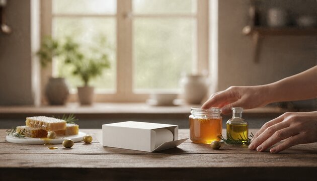 Artisanal honey and white soap box on rustic kitchen table