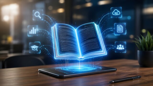 Digital education concept with a glowing holographic open book projecting from a tablet surrounded by learning and analytics icons