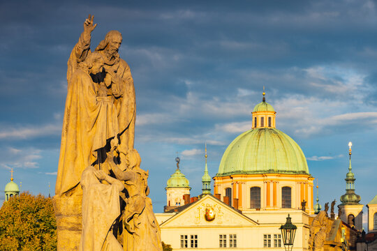 Famous sculptural group on Charles Bridge and  Church of St Fra