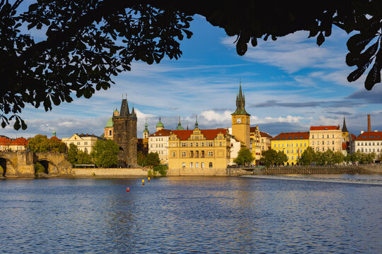 View across the Vltava River to Charles Bridge and the Old Town