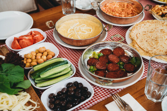 Traditional Turkish breakfast spread on a table