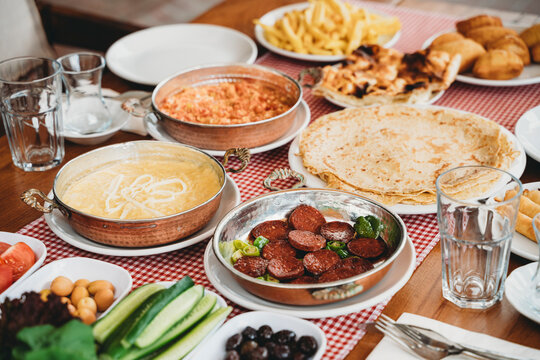 A rich traditional Turkish breakfast spread on a table