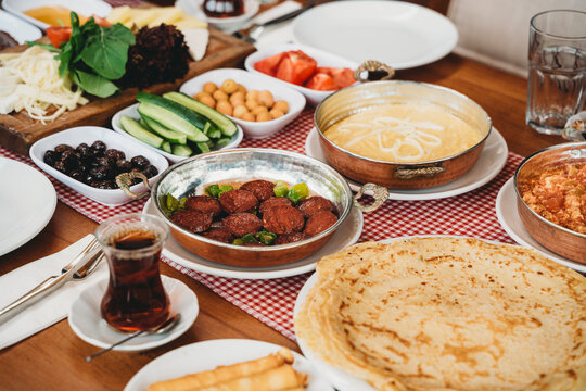 Delicious traditional Turkish breakfast feast on table