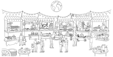 Fototapeta premium Global food festival featuring diverse cuisines people enjoying street eats worldwide