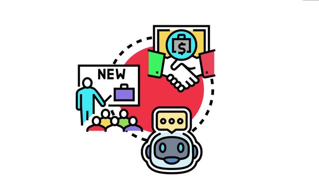 Business partners engaging in a handshake, signifying contracts and collaboration, with elements of new product development, education, and artificial intelligence support for service delivery