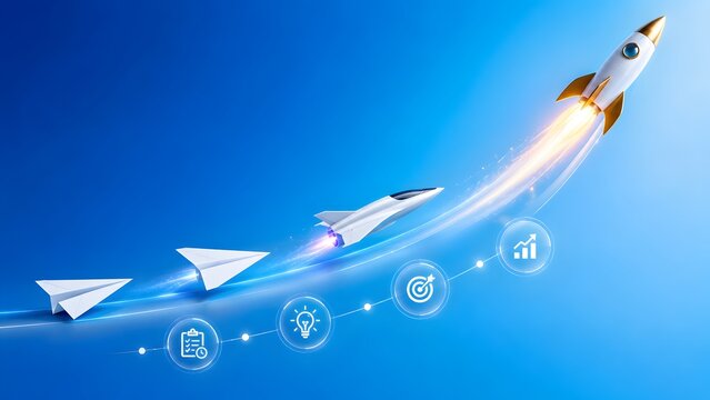 Visualizing the journey from basic ideas and strategic planning to significant business growth and ultimate rocket launch success.