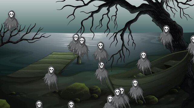 Spooky Animated Ghosts Floating Near a Dark Lake and Old Boat