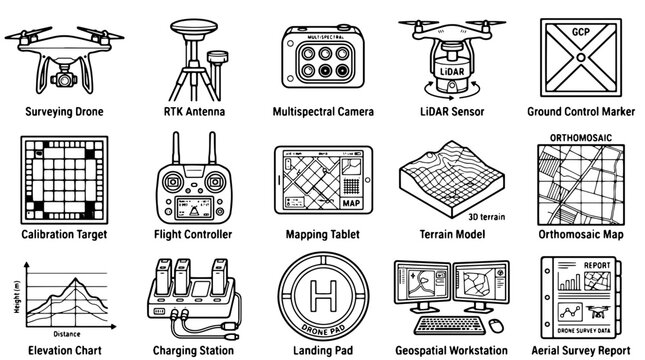 Professional drone surveying icons, 15 aerial mapping and geospatial vector elements, technical land inspection equipment set