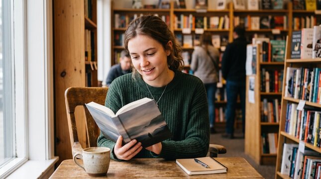 Cheerful young woman focused on reading book in a cozy bookstore