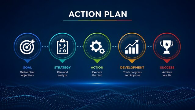 Action plan business infographic showing steps from goal to success on digital background