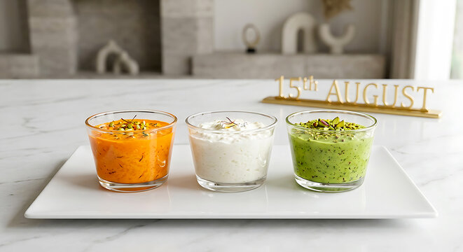Tricolor Indian Dessert Featuring Saffron, Pistachio, and Cream Rabri Cups. Elegant 15th August Indian Independence Day Culinary Presentation on Marble Surface. 