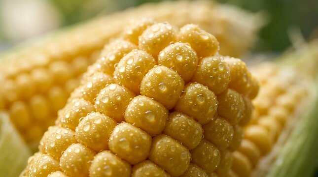 Close-up of a fresh yellow corn cob covered in glistening water droplets, highlighting the texture of the kernels