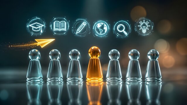Glowing orange pawn standing out among clear pawns with educational icons representing unique learning success